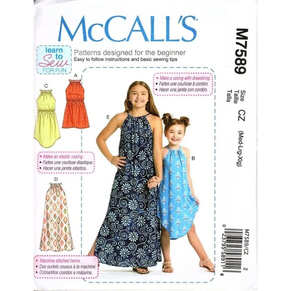 McCall's M7589 Girls M to XL Learn to Sew Pillowcase Dresses Uncut Pattern - Picture 1 of 2